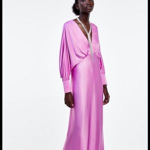 NWOT Zara satin pink flowing long deep v dress